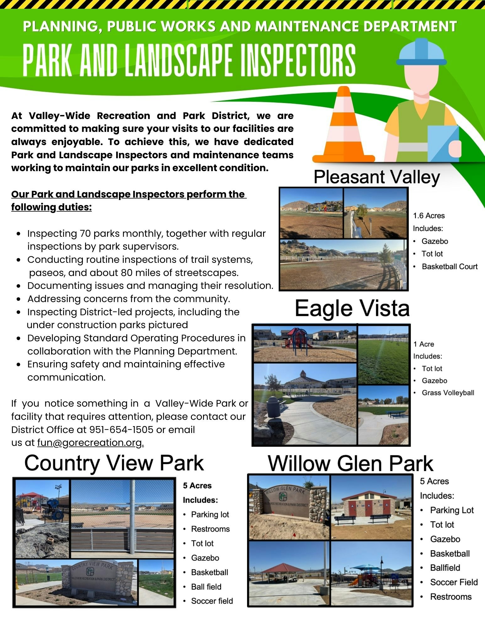 Valley-Wide Park Inspectors maintain parks, trails, and facilities like Pleasant Valley and Eagle Vista. Contact info provided for concerns.