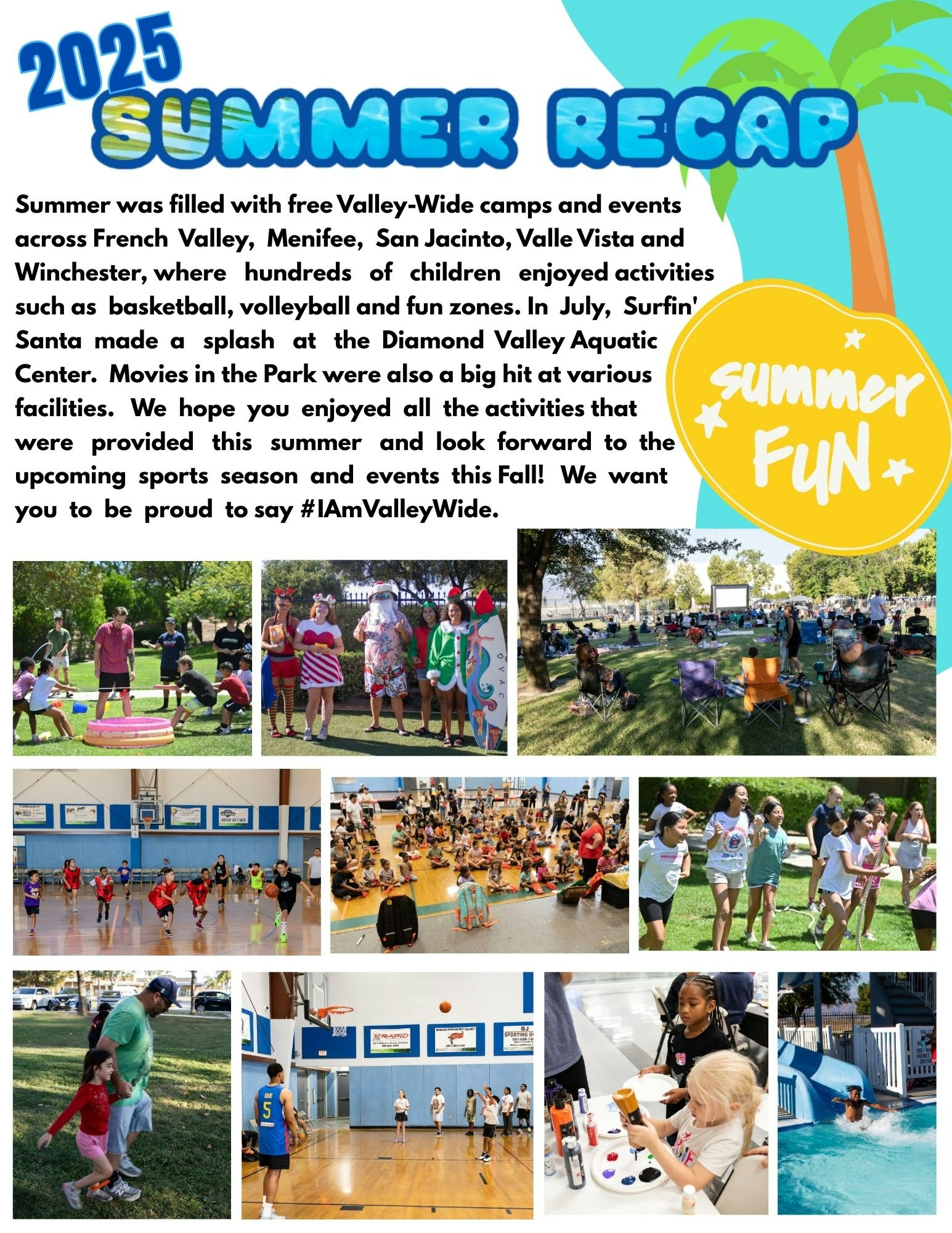 2025 Summer Recap poster highlighting community events with activities like sports, crafts, and outdoor movies.