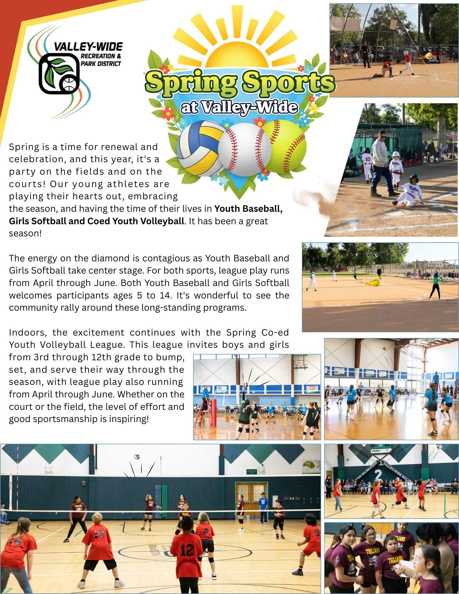 Spring sports at Valley-Wide include Youth Baseball, Girls Softball, and Co-ed Youth Volleyball for ages 5-14, running April to June.
