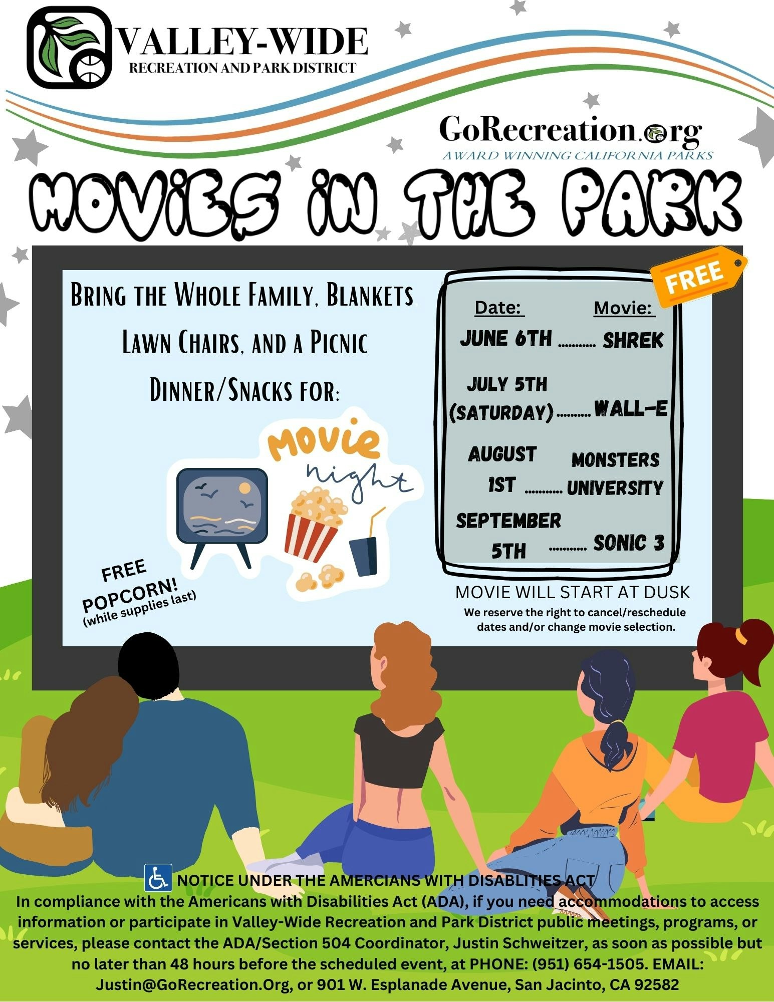 "Movies in the Park" event with films: Shrek, WALL-E, Monsters University, Sonic 3. Free popcorn. Bring family, blankets, chairs.