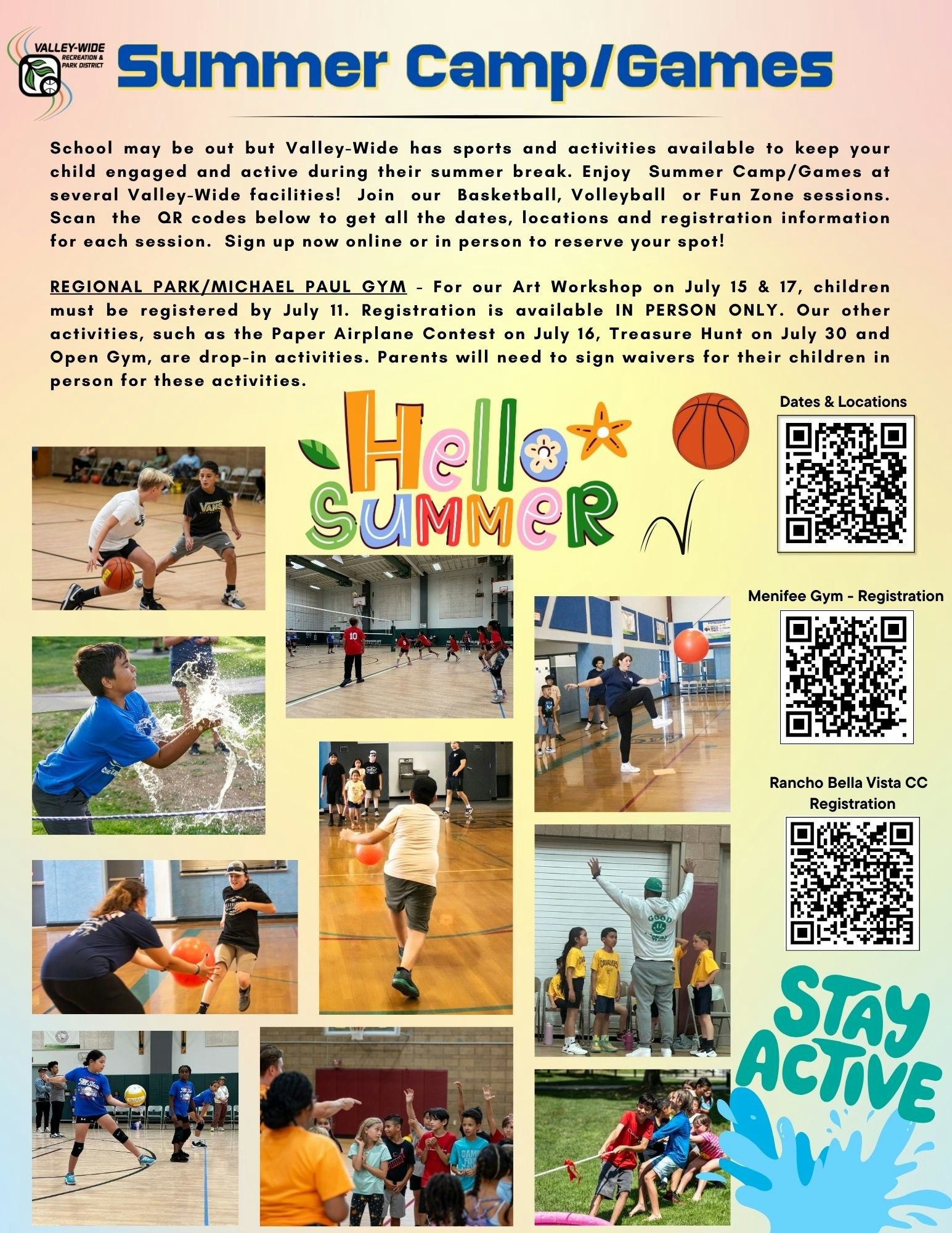Valley-Wide summer camp offers sports and activities for kids. Includes workshops, contests, and games. Register online or in-person.