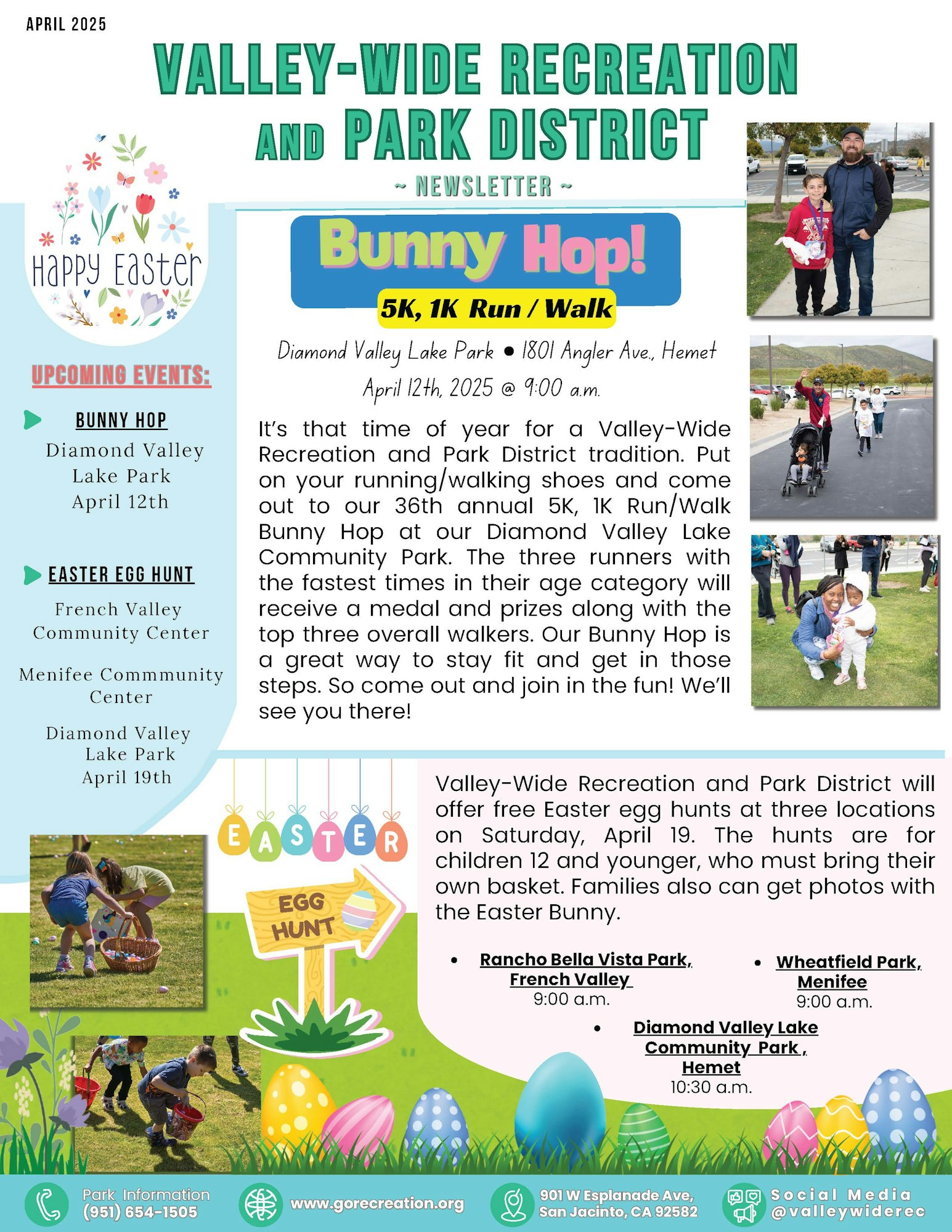 Valley-Wide Recreation newsletter: Bunny Hop 5K/1K on April 12, Easter Egg Hunt on April 19 at various parks.