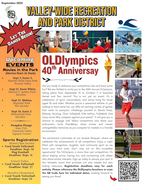 OLDlympics 40th Anniversary event, with sports and activities for those 50+. Includes movies, games, and competitions.