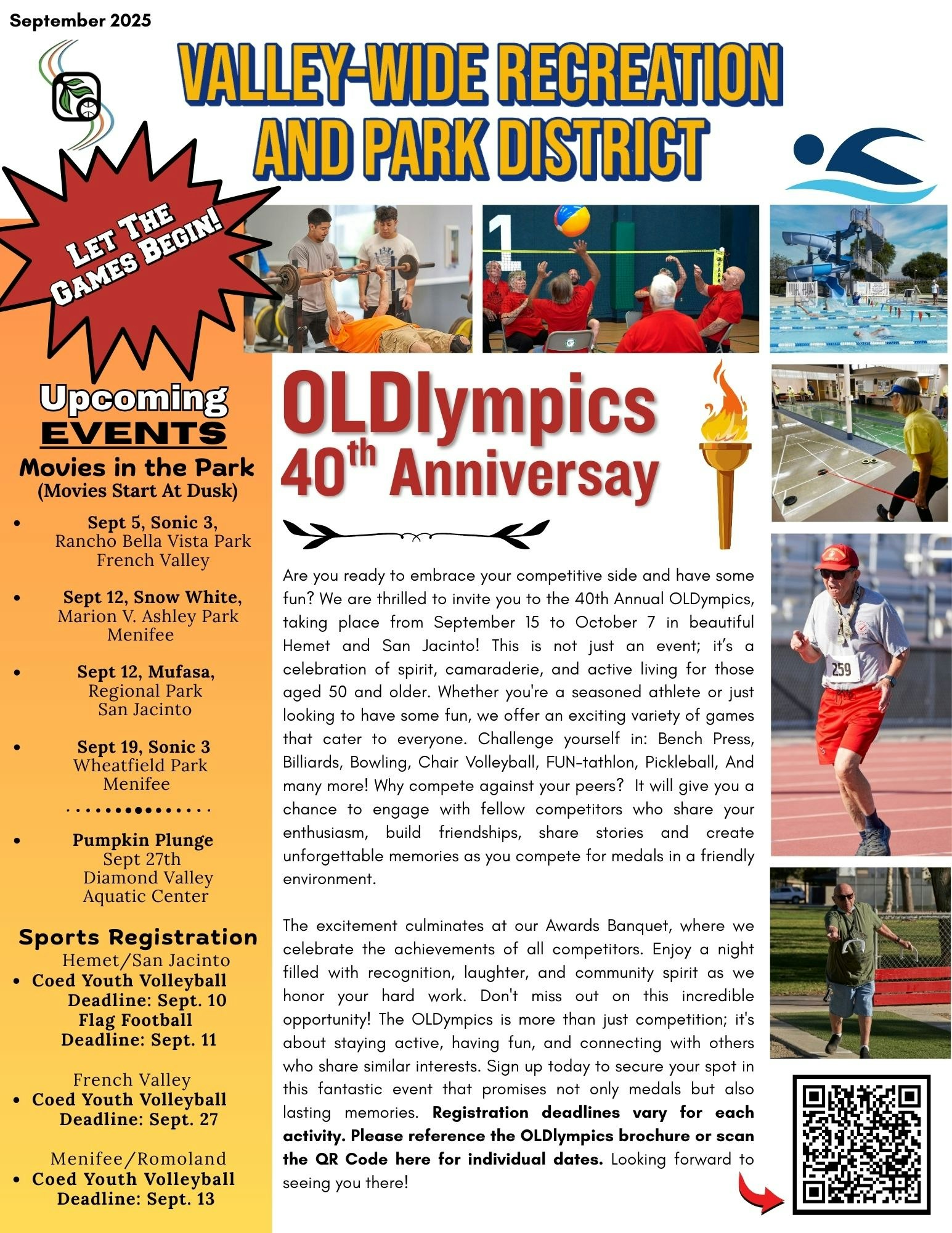 OLDlympics 40th Anniversary event, with sports and activities for those 50+. Includes movies, games, and competitions.