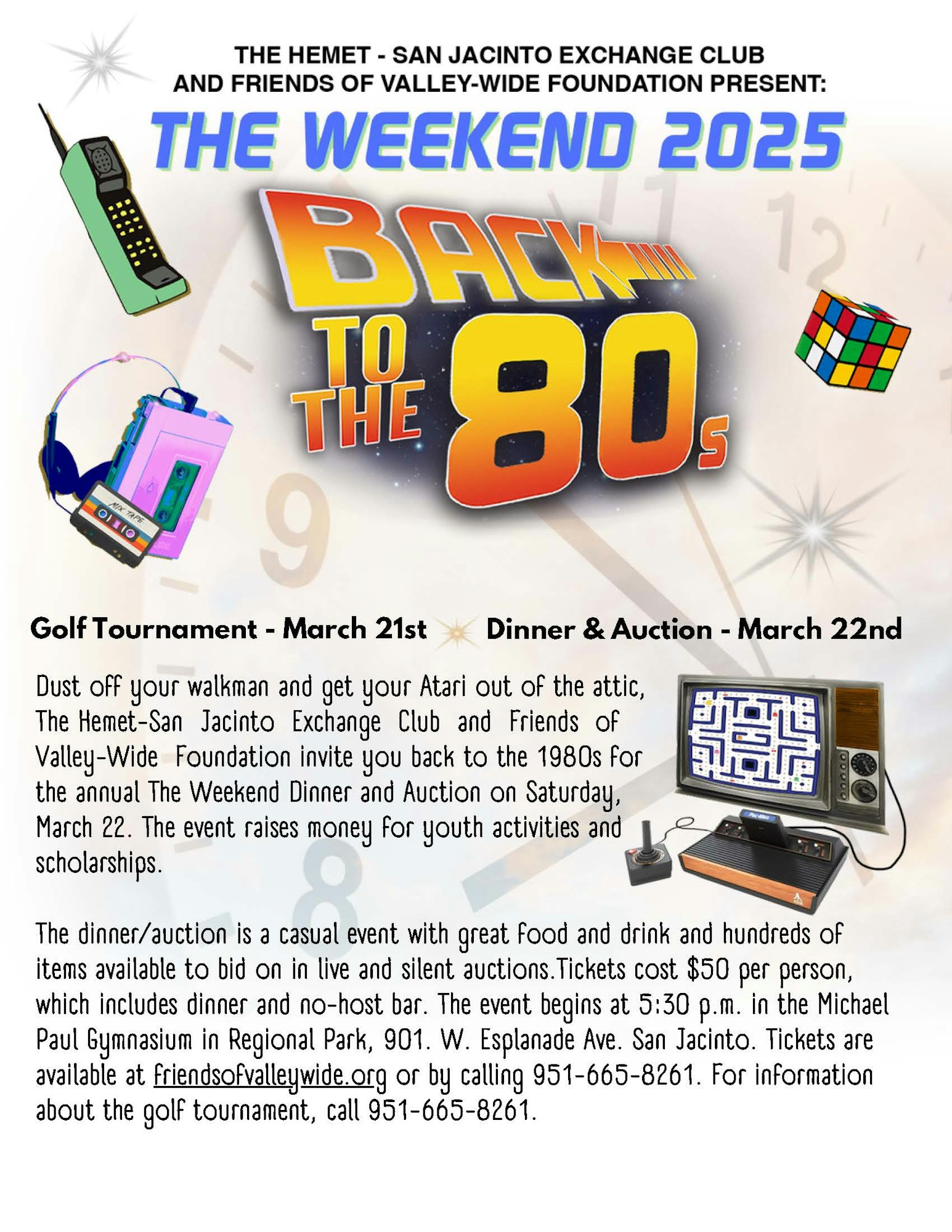 Retro-themed event poster for "Back to the 80s" weekend, with a golf tournament on March 21 and dinner/auction on March 22.
