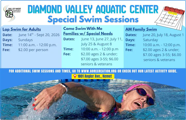The image lists swim sessions at Diamond Valley Aquatic Center for adults and families with special needs, including dates and fees.
