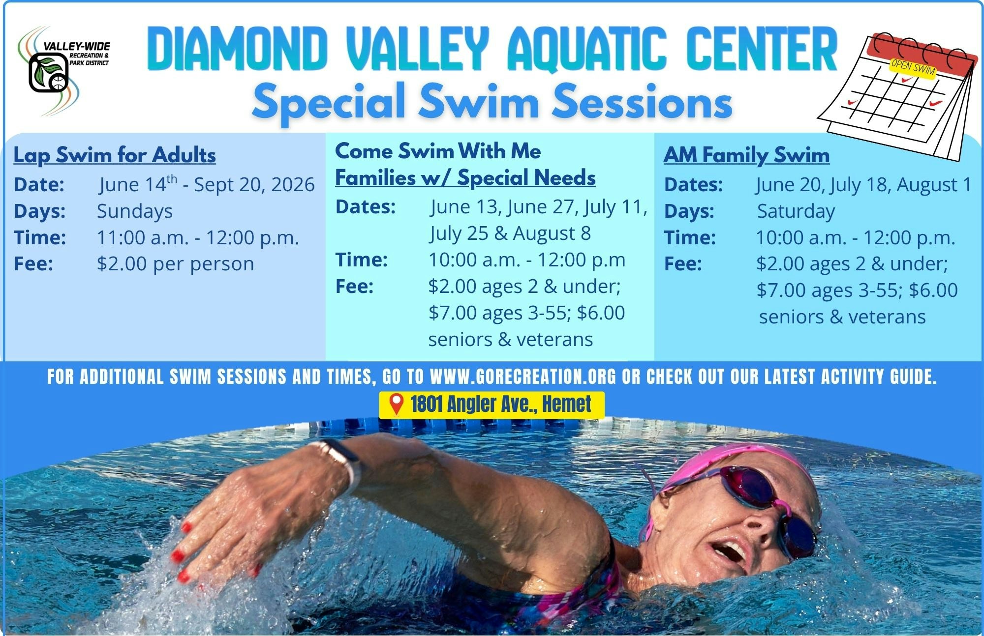 The image lists swim sessions at Diamond Valley Aquatic Center for adults and families with special needs, including dates and fees.