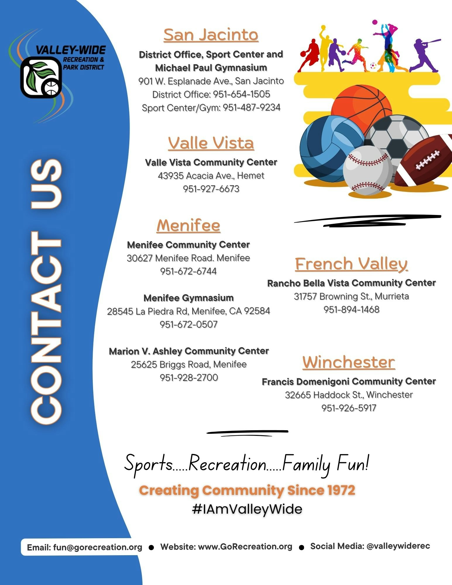 Contact info for Valley-Wide Recreation centers with sports graphics. #IAmValleyWide. Email, website, and social media included.