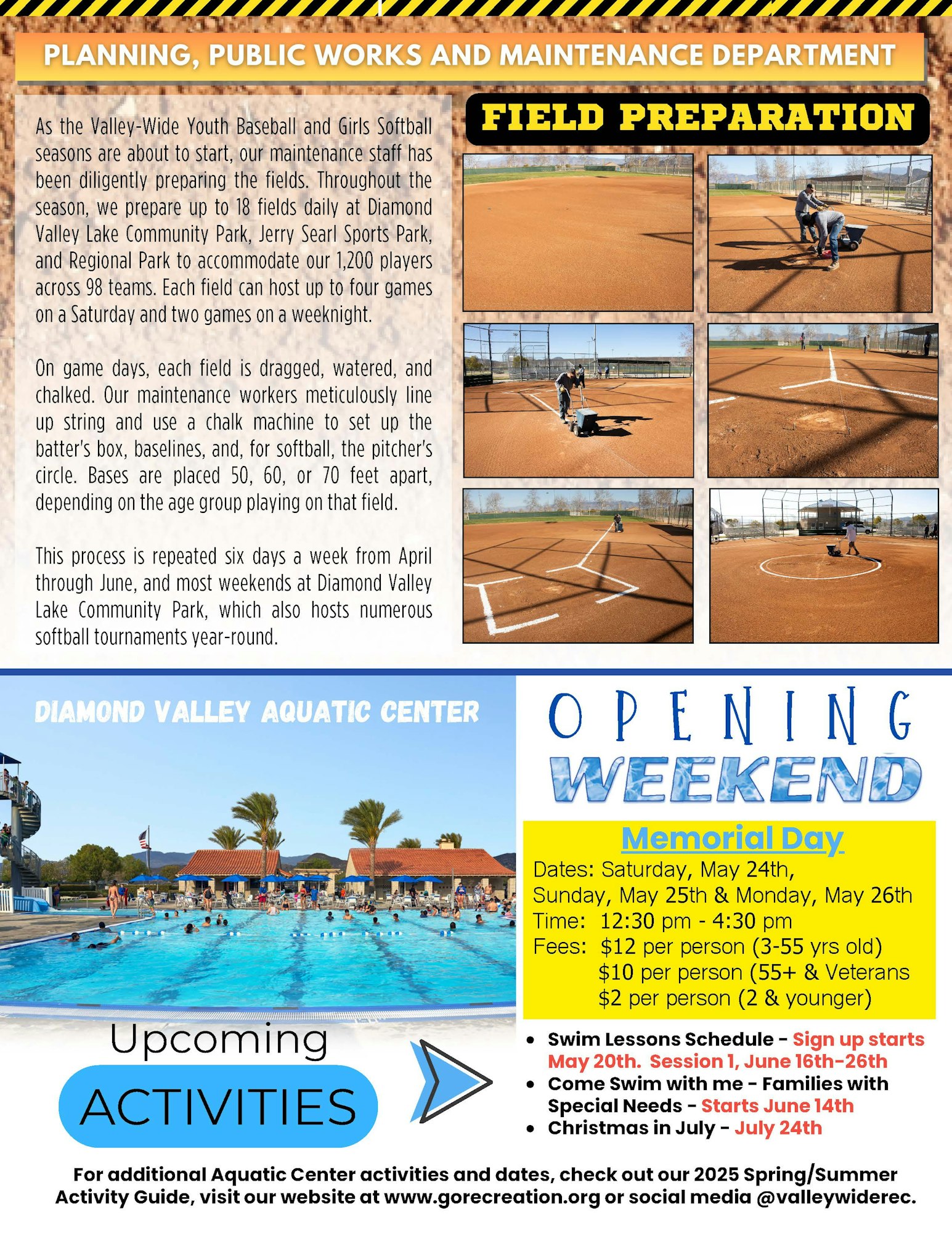 Baseball field prep details, Aquatic Center opening May 24-26, activities include swim lessons and special needs swim.