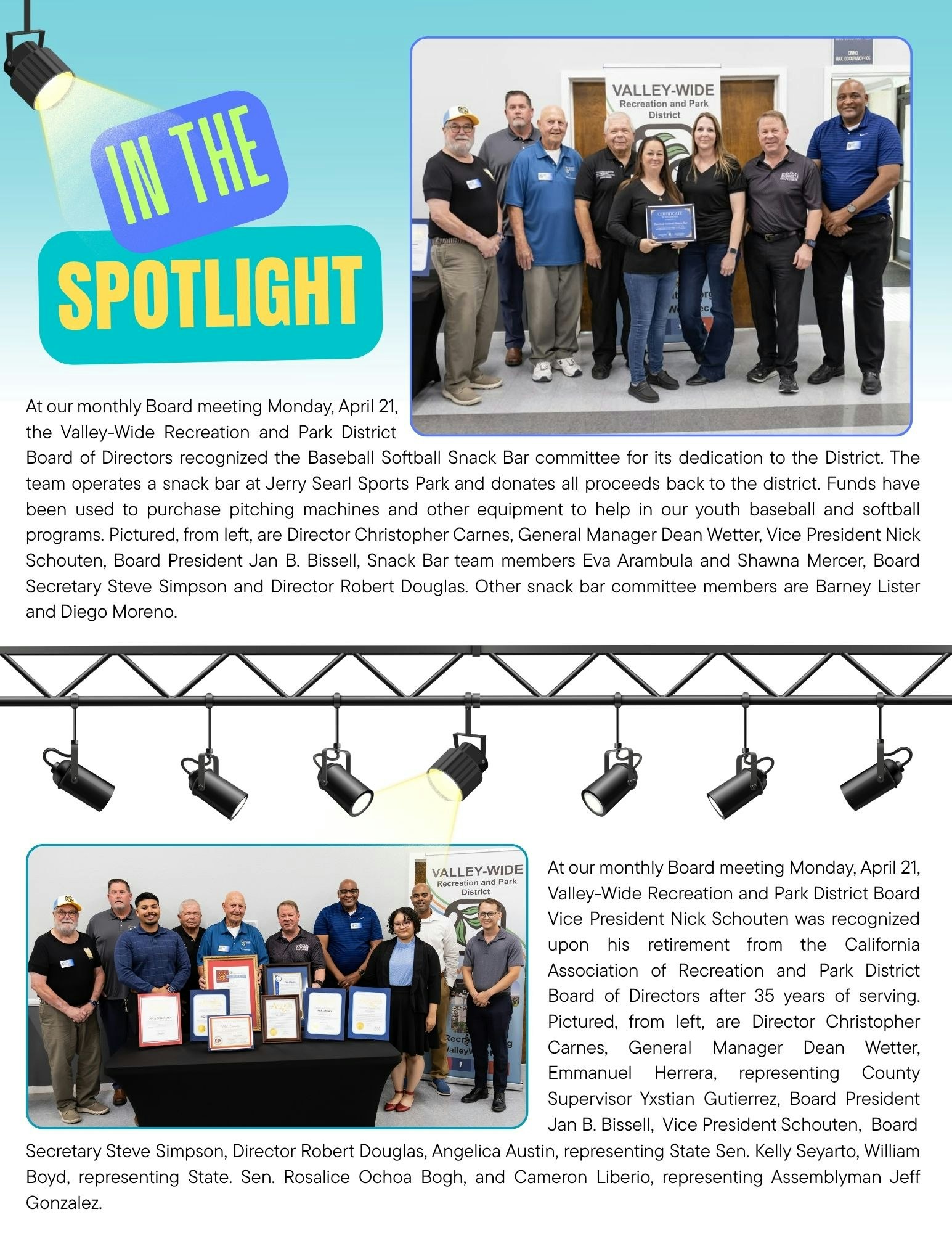 Two group photos celebrating Valley-Wide Recreation and Park District events and recognitions at a board meeting.