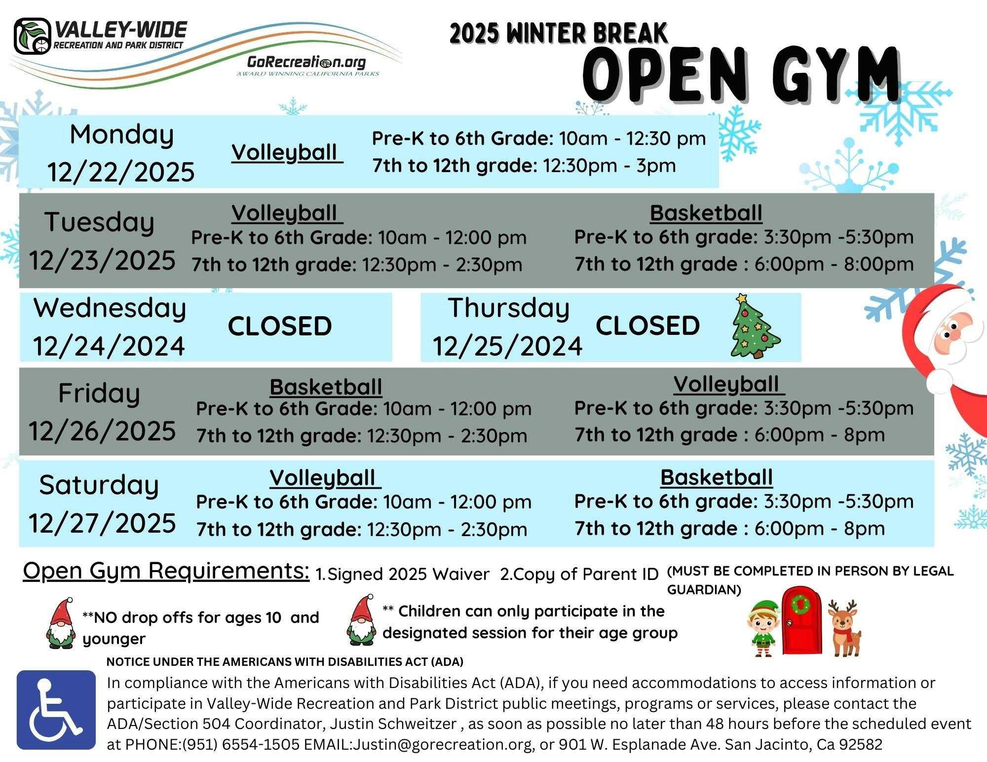 The image lists open gym schedule for volleyball and basketball during winter break 2025, including age-specific times and closure dates.