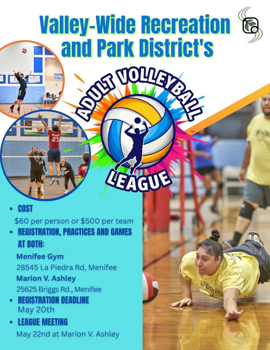 Flyer for an Adult Volleyball League in Menifee. Cost: $60/person or $500/team. Registration deadline: May 20. Meeting: May 22.