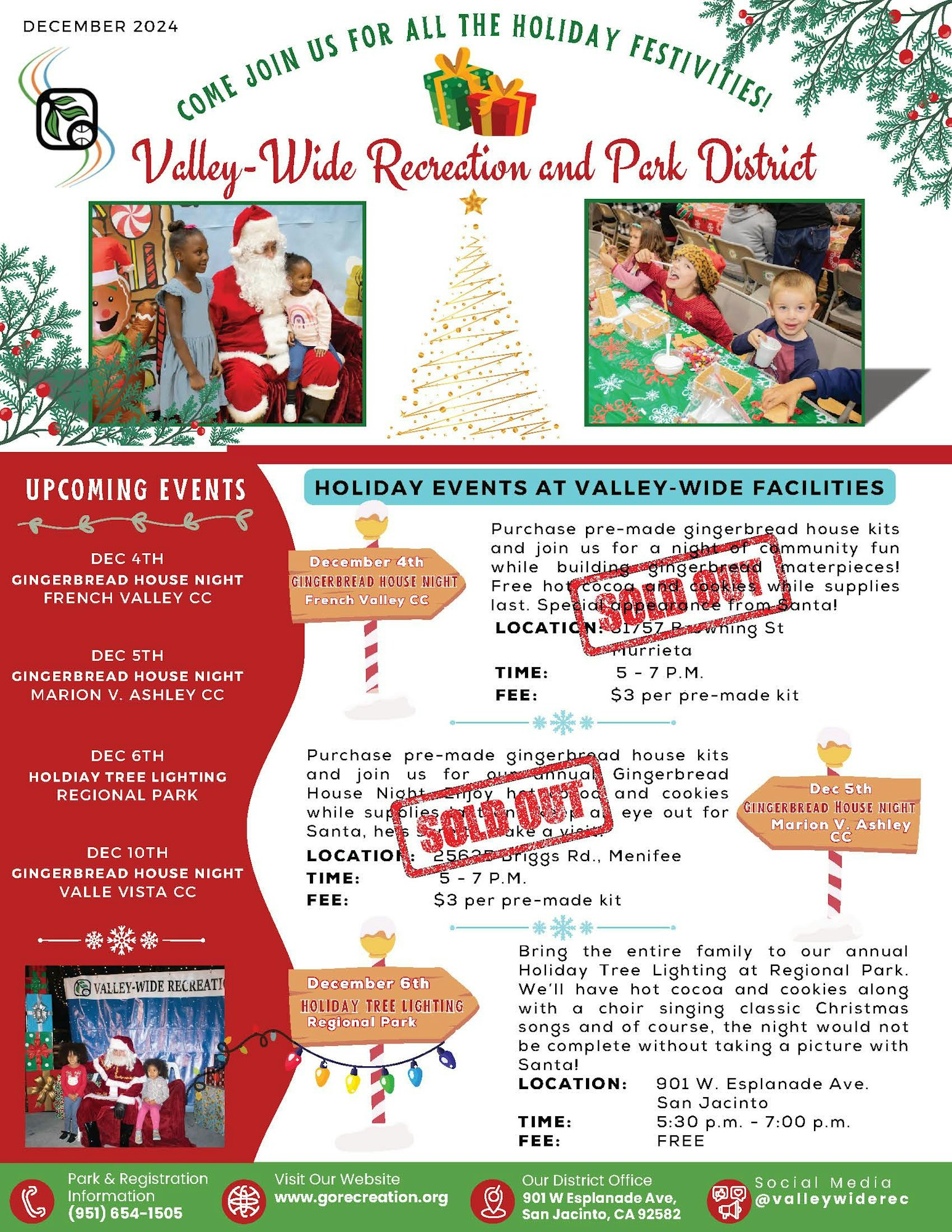 Holiday events flyer for Valley-Wide Recreation: gingerbread house nights, tree lighting, Santa visits. Dates: Dec 4-10, 2024.