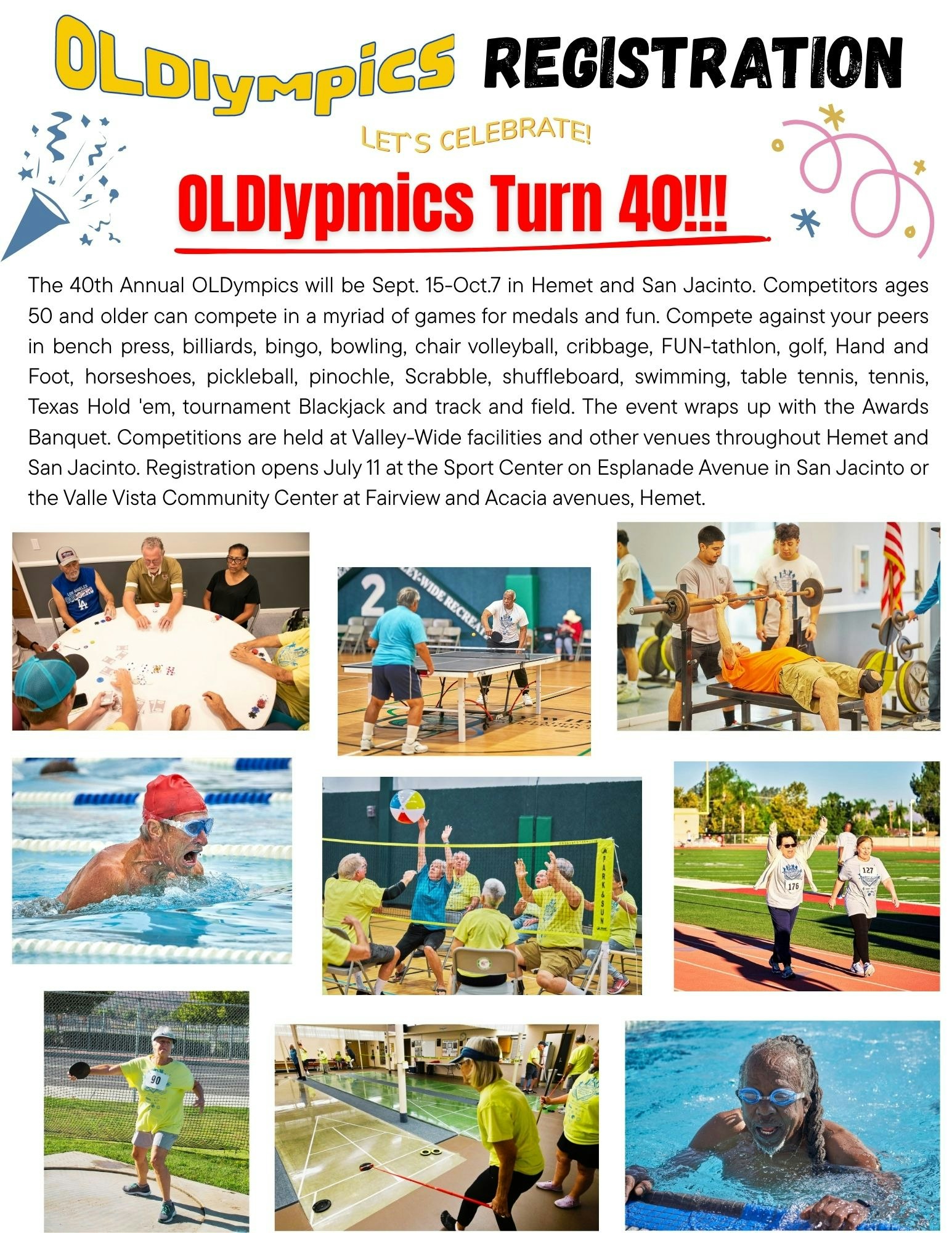 OLDlympics registration flyer; event details, sports for 50+, images of participants in various activities.