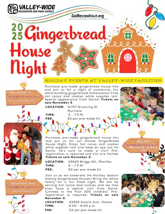 2025 Gingerbread House Night events in Murrieta, Menifee, and Hemet. Includes Santa visits, cookies, hot cocoa. Tickets available Nov 3.
