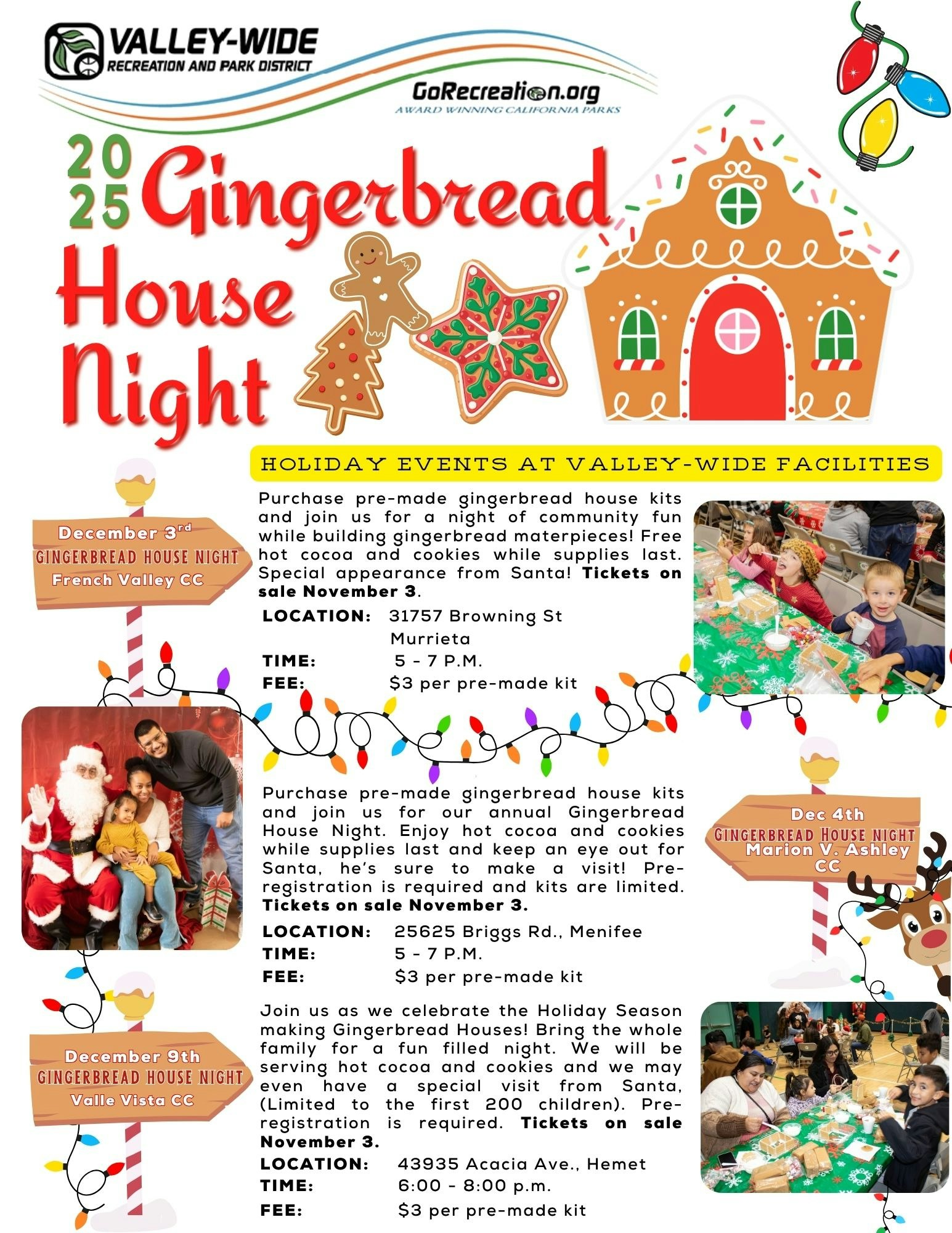 2025 Gingerbread House Night events in Murrieta, Menifee, and Hemet. Includes Santa visits, cookies, hot cocoa. Tickets available Nov 3.