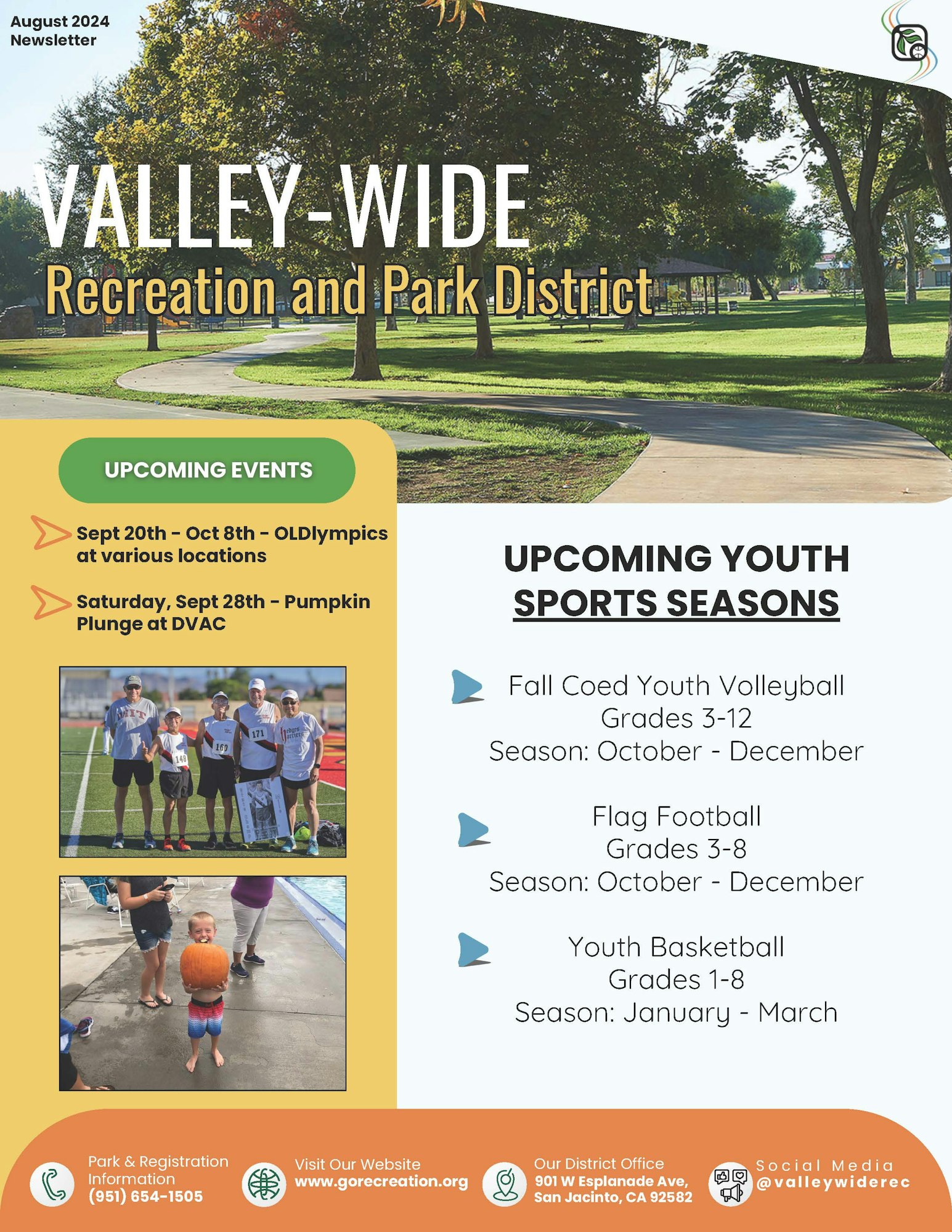 A flyer for Valley-Wide Recreation and Park District detailing upcoming events and youth sports seasons.