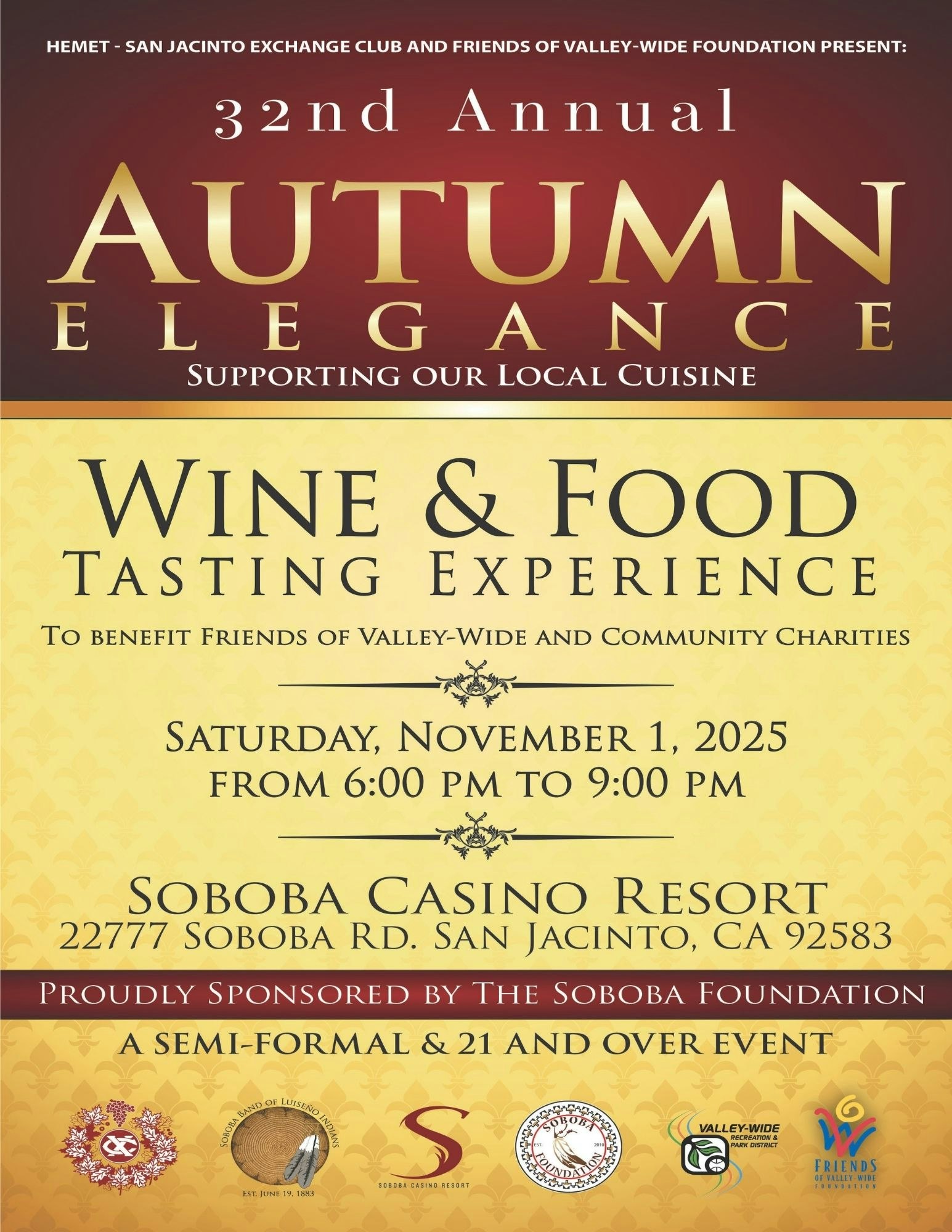"Autumn Elegance" event on Nov 1, 2025, at Soboba Casino. Wine & food tasting, semi-formal, 21+. Benefits Valley-Wide charities.