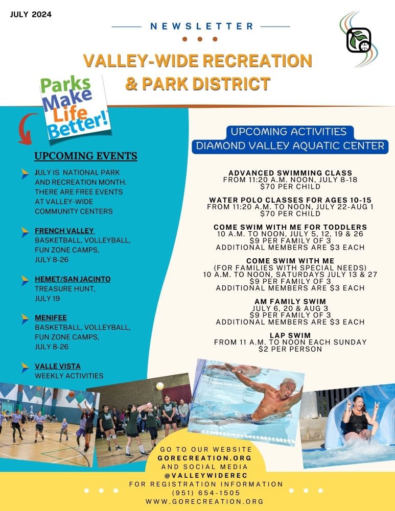A colorful newsletter for July 2024 events & activities at Valley-Wide Recreation & Park District, including aquatic programs.
