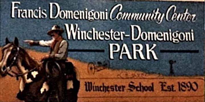 Image features a sign for Francis Domenigoni Community Center at Winchester-Domenigoni Park, established 1890.