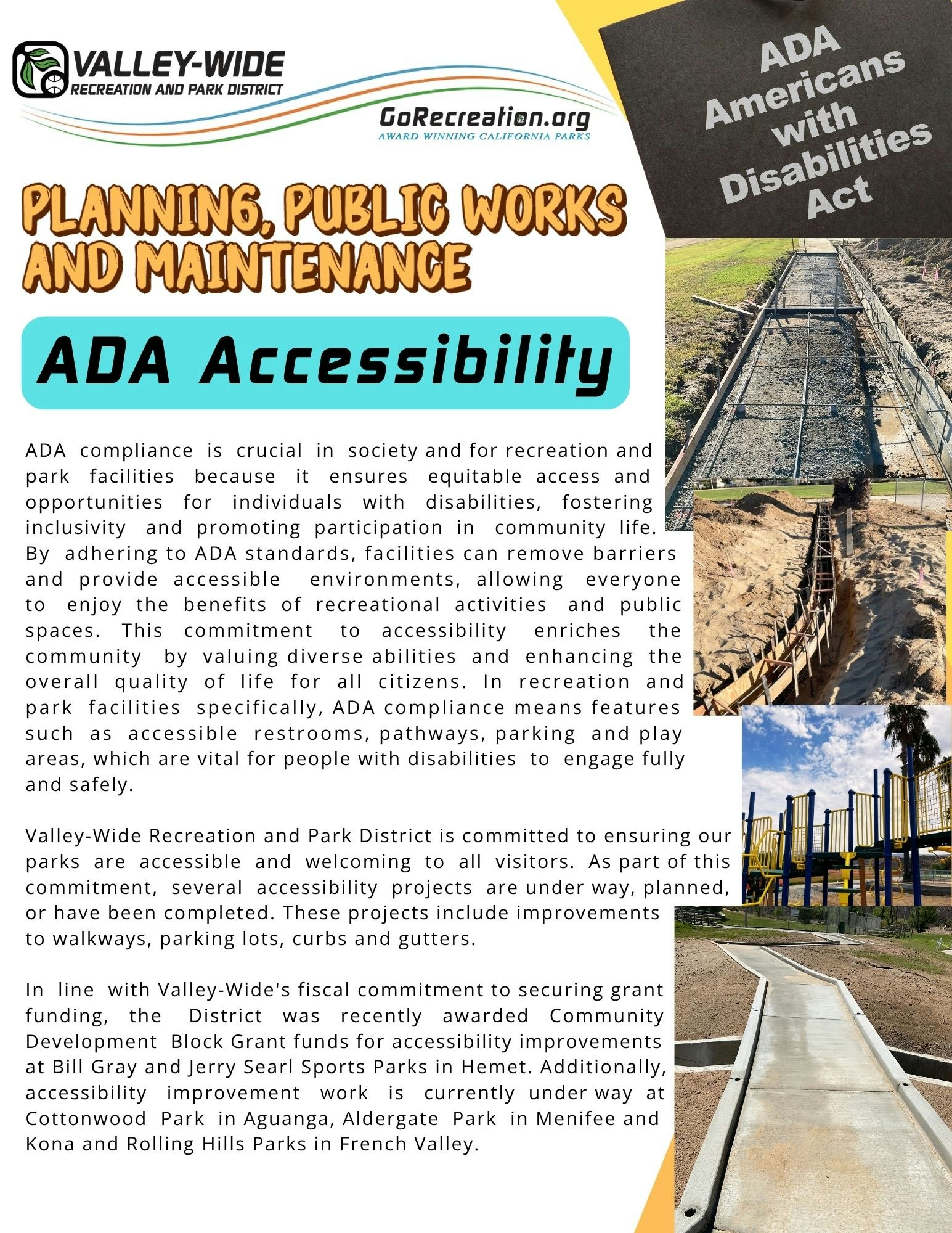 Valley-Wide ensures ADA compliance in parks, improving accessibility with ramps, pathways, and facilities for all visitors.