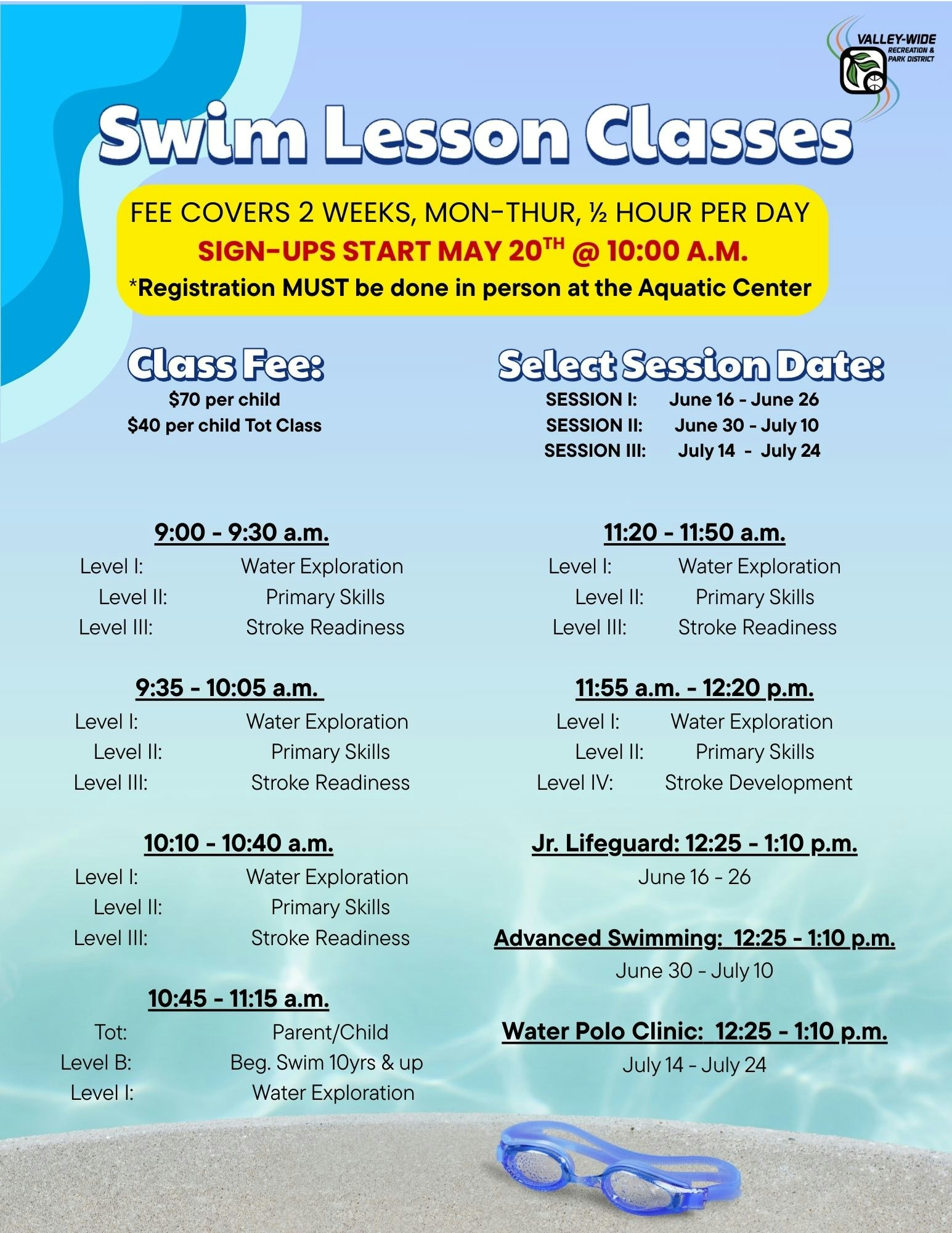 Swim lesson schedule with fees, session dates, and class times. Registration starts May 20 at Aquatic Center.