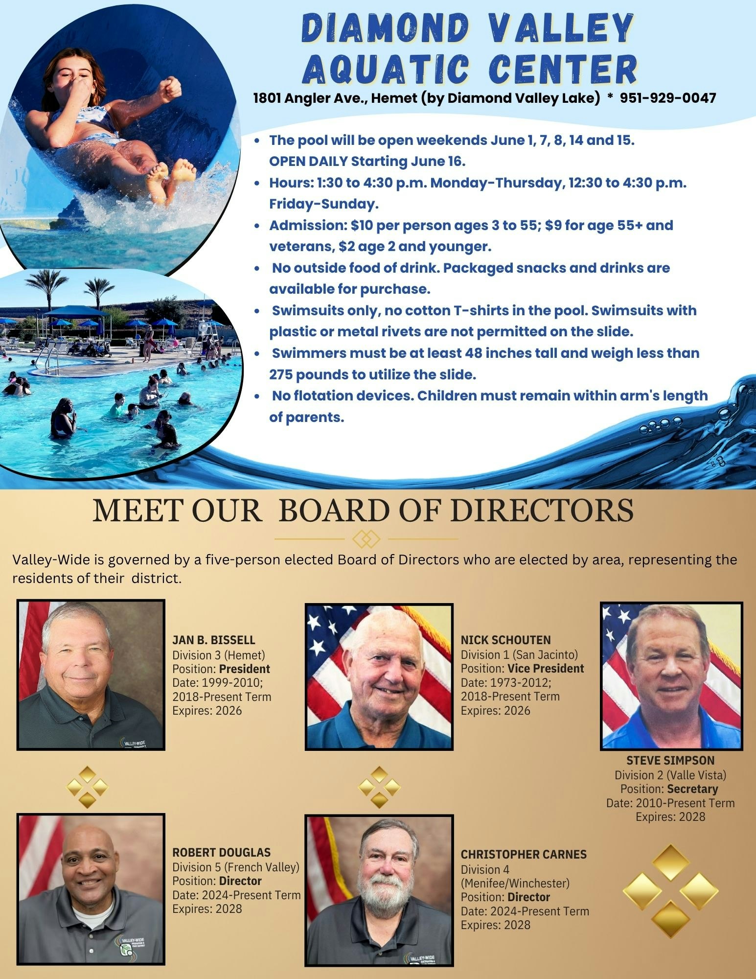 Diamond Valley Aquatic Center info, board of directors, pool hours, admission details, no flotation devices allowed.