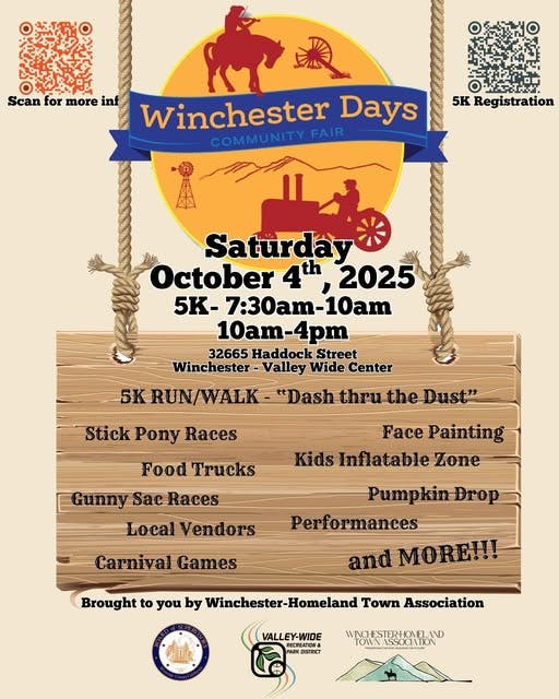 Winchester Days Community Fair on Oct 4, 2025. Events: 5K, pony races, food trucks, games, vendors, and more.