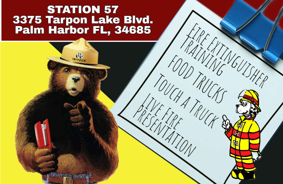 Event at Station 57, Palm Harbor: Fire extinguisher training, food trucks, touch a truck, live fire presentation.