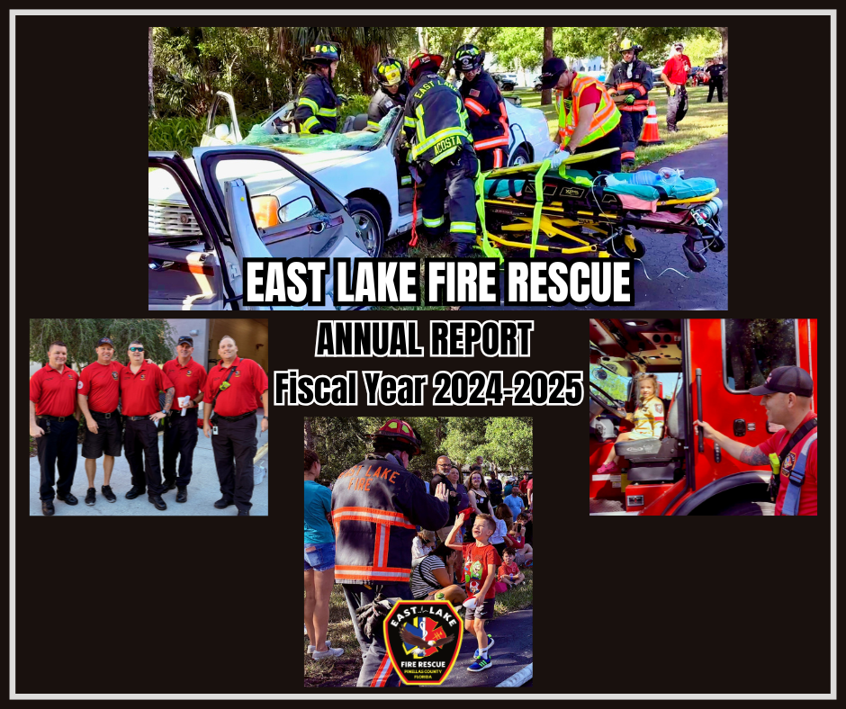 The image features East Lake Fire Rescue's annual report with scenes of rescue operations, team photos, and community engagement.