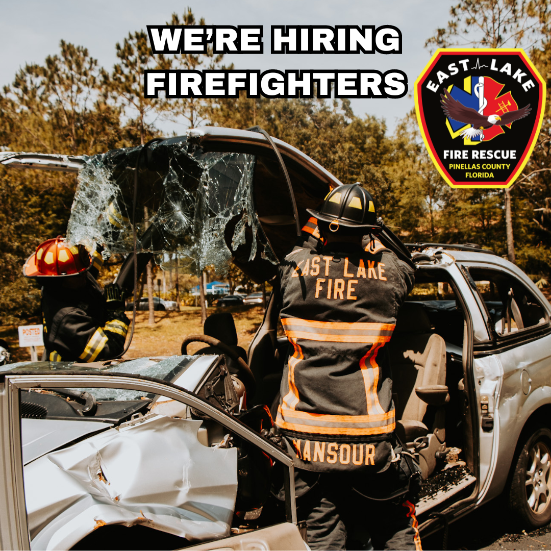 Firefighters at a car accident scene, with a hiring ad overlay for more firefighters.