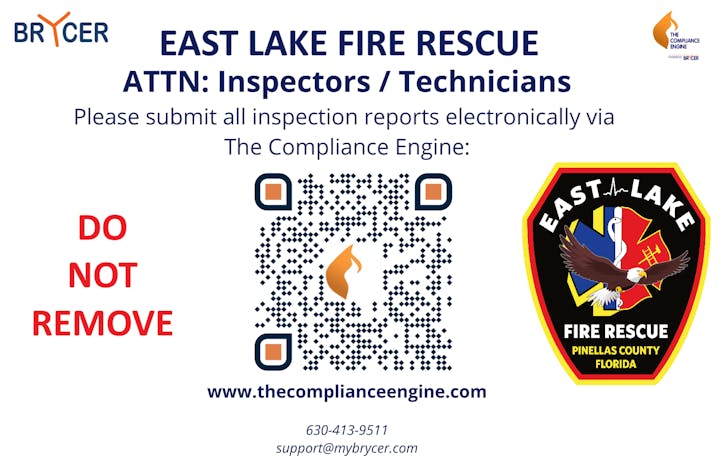 East Lake Fire Rescue inspection notice. Submit reports via The Compliance Engine. QR code, contact info, and "Do Not Remove" text.
