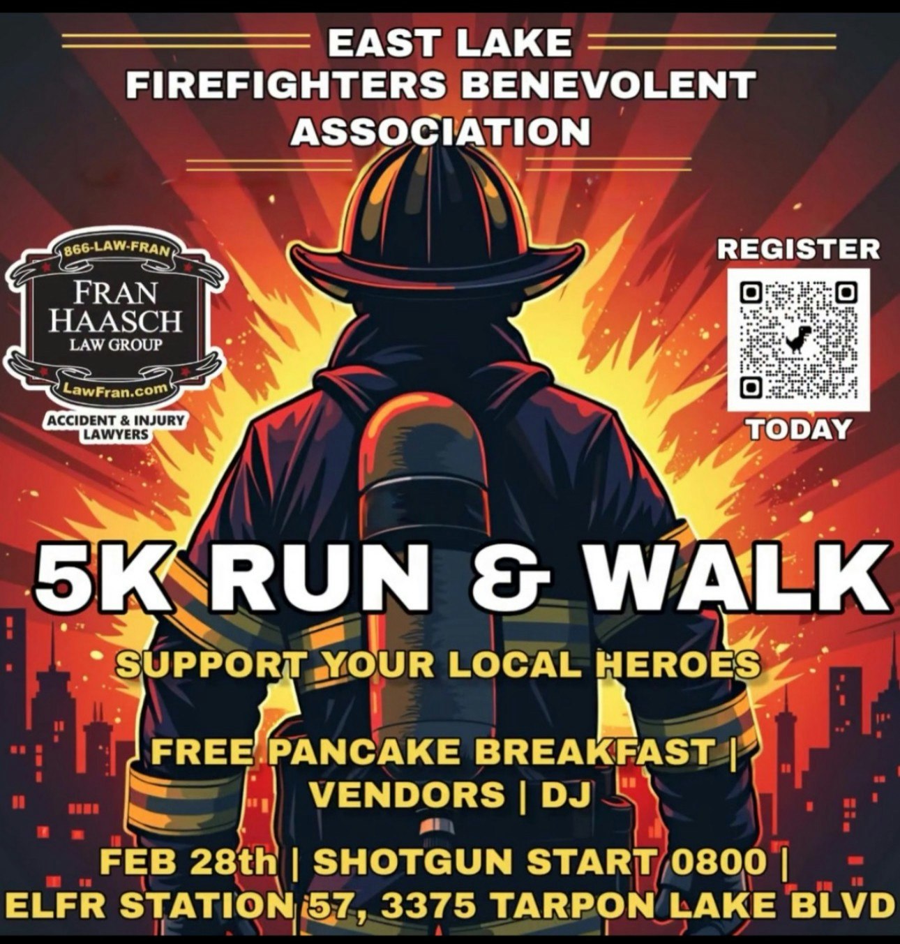 5K Run & Walk event by East Lake Firefighters Benevolent Association on Feb 28th. Includes breakfast, vendors, DJ.