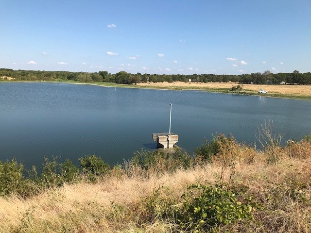 A serene lake scene with calm waters, a small dock, and grassy banks under a clear blue sky.