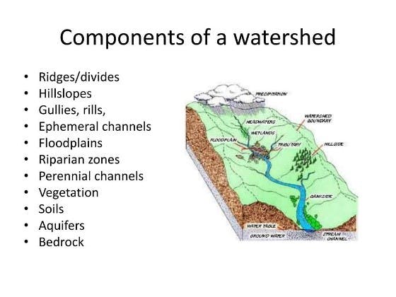 The image outlines components of a watershed: ridges, hillslopes, channels, floodplains, riparian zones, vegetation, soils, aquifers, and bedrock.