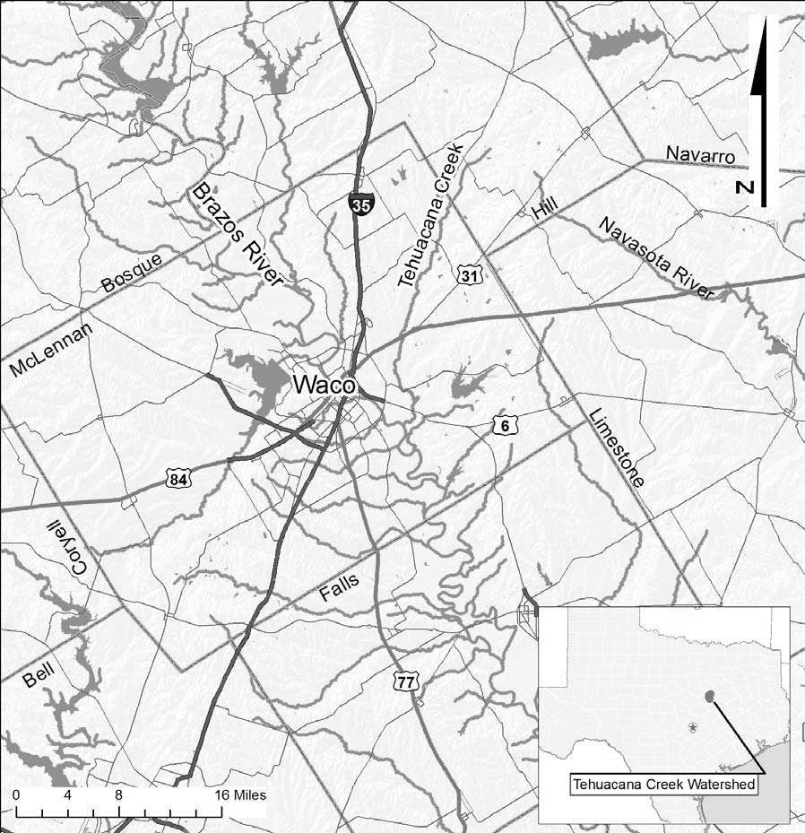 A black-and-white map of Waco, Texas, showing roads, rivers, and geographic features, with a inset of the Tehuacana Creek Watershed.