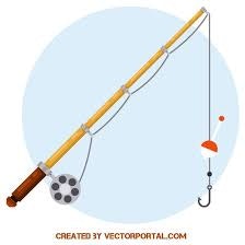 Illustration of a fishing rod with a reel, line, float, and hook.