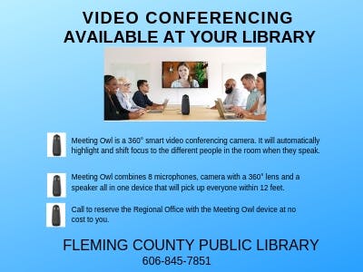 Advertisement for video conferencing services available at Fleming County Public Library with a contact number.