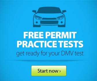 An advertisement for free permit practice tests for the DMV featuring a cartoon car and a "Start now" button.