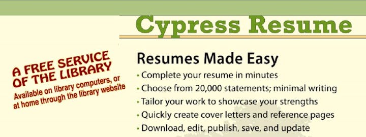 An ad for Cypress Resume, a free library service for creating resumes with various features like minimal writing and customizable statements.