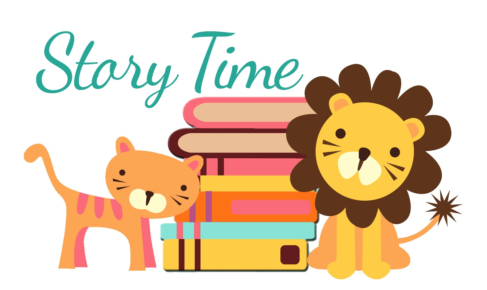 Cartoon lion, cat, stack of books, "Story Time" text.
