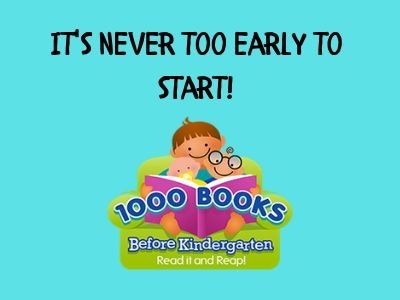 An illustration of a child reading a book titled "1000 Books Before Kindergarten" with the text "IT'S NEVER TOO EARLY TO START!" above.