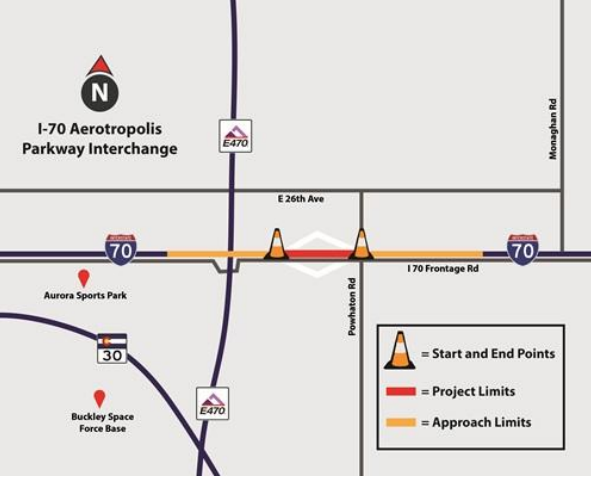 I-70 Aerotropolis Parkway Interchange map with project and approach limits near Aurora Sports Park and Buckley Space Force Base.