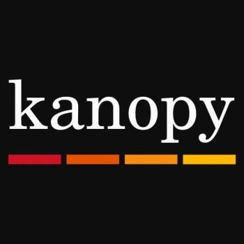 The image shows the Kanopy logo with the word "kanopy" and red to yellow gradient bars below it.