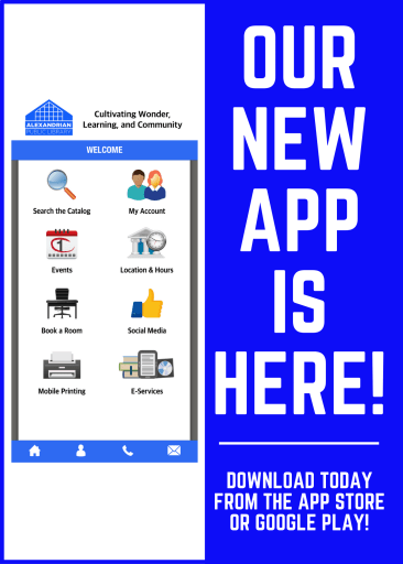 Library app announcement with features like catalog search, events, social media. "Our new app is here!" for download on app stores.