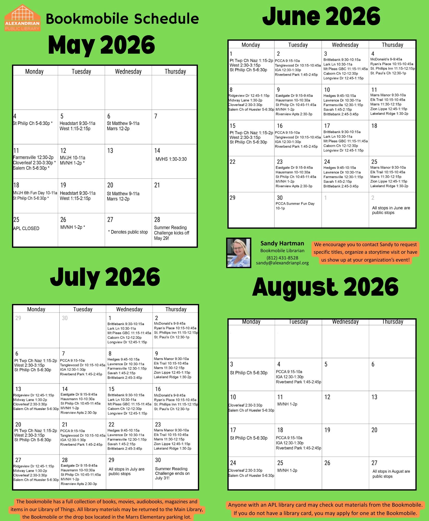 The image shows the Bookmobile schedule for May to August 2026, listing locations and times for library stops and events.