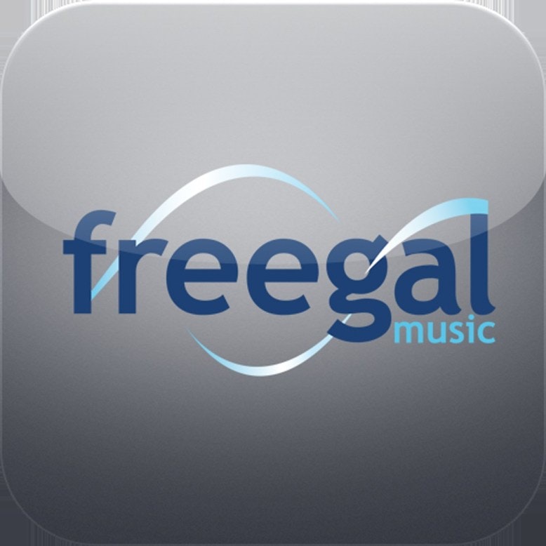 Logo of "Freegal Music" with a wave design on a gray background.