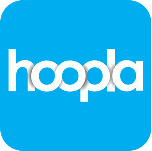The image shows a blue square with the white text "hoopla" in a modern font.