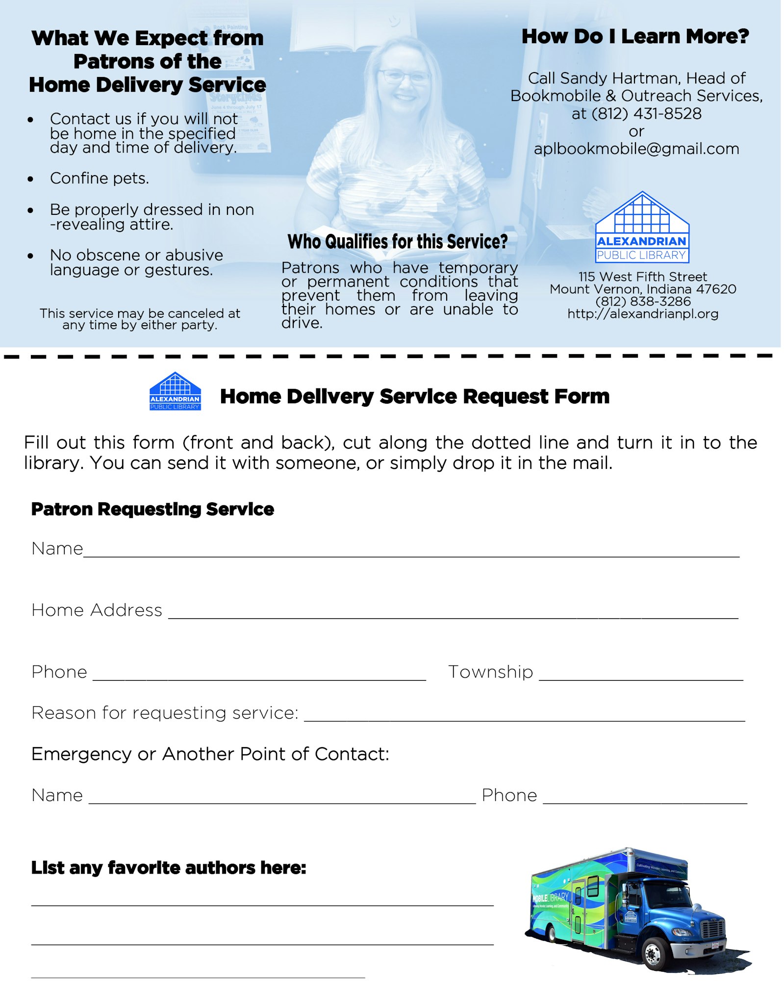 This image outlines the Home Delivery Service from Alexandrian Public Library, detailing expectations, qualifications, and a request form.