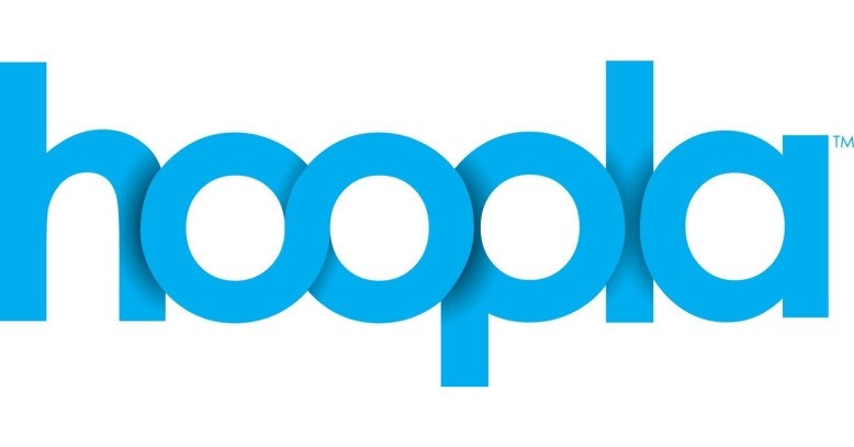 The image shows the blue logo of "hoopla" in lowercase letters.